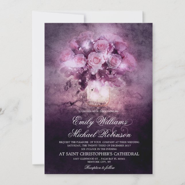 Mason jar with roses string light wedding invitation (Front)