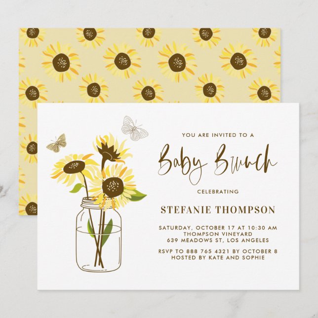 Mason Jar with Yellow Sunflowers Baby Brunch Invitation (Front/Back)