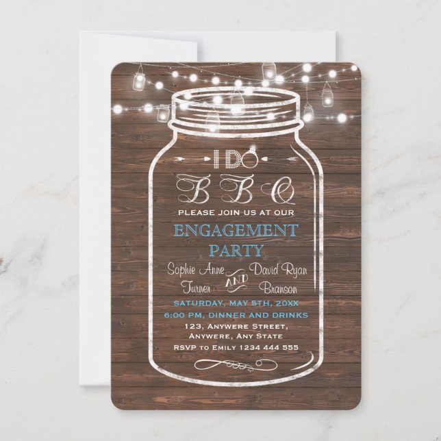 Mason Jar Wood String Lights I DO BBQ Engagement Invitation (Front)