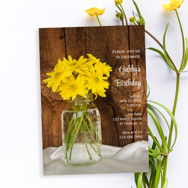 Mason Jar Yellow Daisies Barn Birthday Party Invitation (Creator Uploaded)