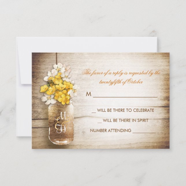 Mason jar & yellow white flowers wedding RSVP card (Front)