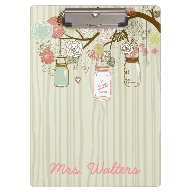 Mason Jars and Flowers with wood background Clipboard (Front)