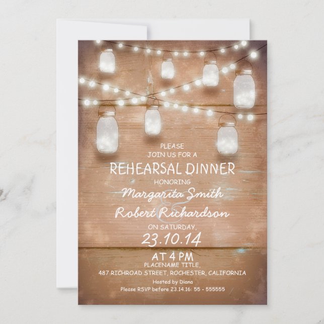 mason jars and lights rehearsal dinner invitation (Front)