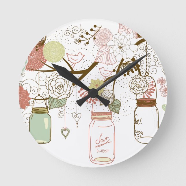 Mason Jars and Pretty Flowers Round Clock (Front)