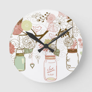 Mason Jars and Pretty Flowers Round Clock