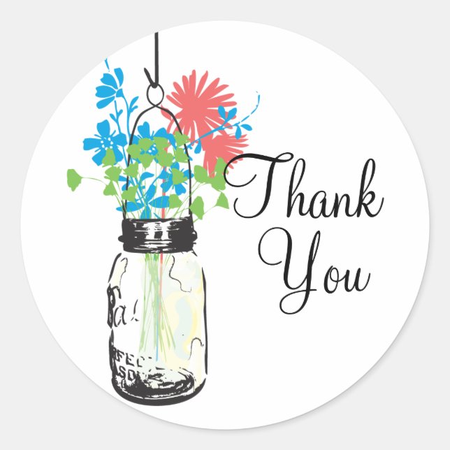 Mason Jars and Wildflowers Thank You Classic Round Sticker (Front)