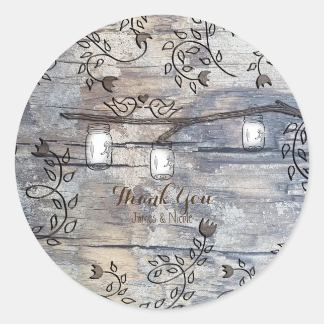 Mason Jars & Love Birds Rustic Branch Wedding Classic Round Sticker (Front)