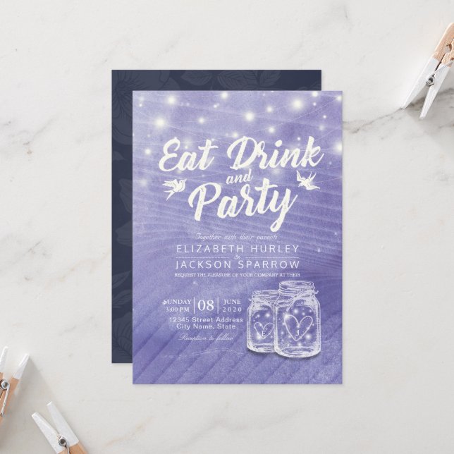 Mason Jars String Lights EAT Drink Party Invitation (Front/Back In Situ)