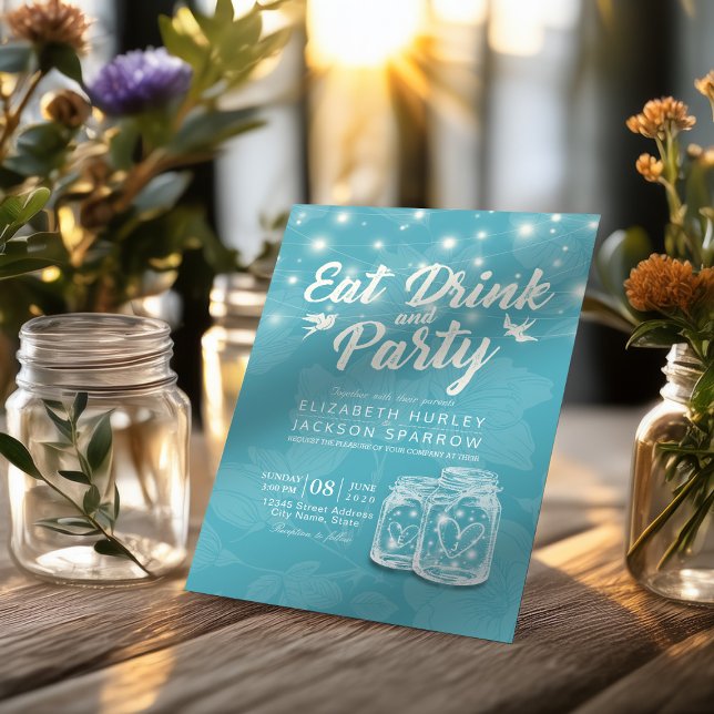 Mason Jars String Lights EAT Drink & Party Wedding Invitation (Creator Uploaded)
