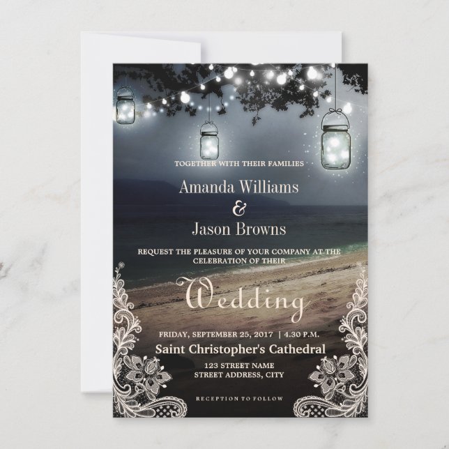 Mason Jars String Lights Elegant Beach Wedding Invitation (Front)