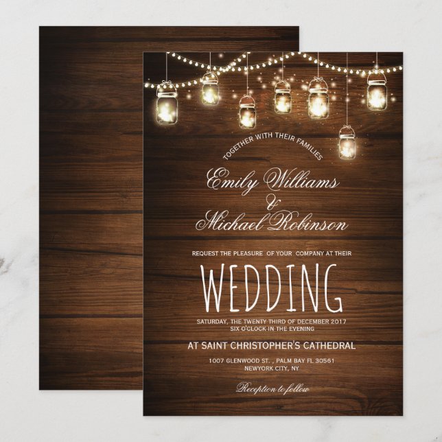Mason Jars String Lights Elegant Rustic Wedding Invitation (Front/Back)