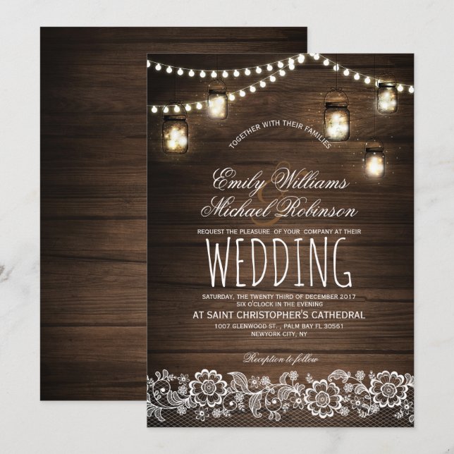 Mason Jars String Lights Elegant Rustic Wedding Invitation (Front/Back)