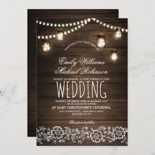 Mason Jars String Lights Elegant Rustic Wedding Invitation