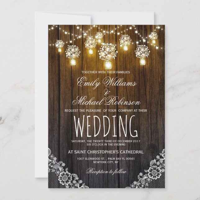 Mason Jars String Lights Elegant Rustic Wedding Invitation (Front)