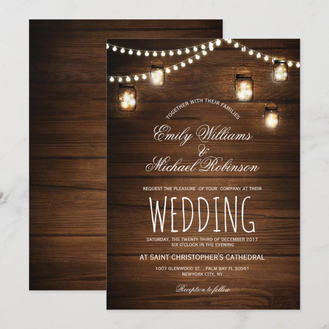 Mason Jars String Lights Elegant Rustic Wedding Invitation (Front/Back)