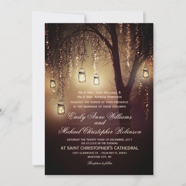 Mason Jars String Lights Elegant Rustic Wedding Invitation (Front)