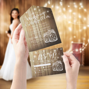 Mason Jars String Lights Rustic Wood Wedding RSVP All In One Invitation