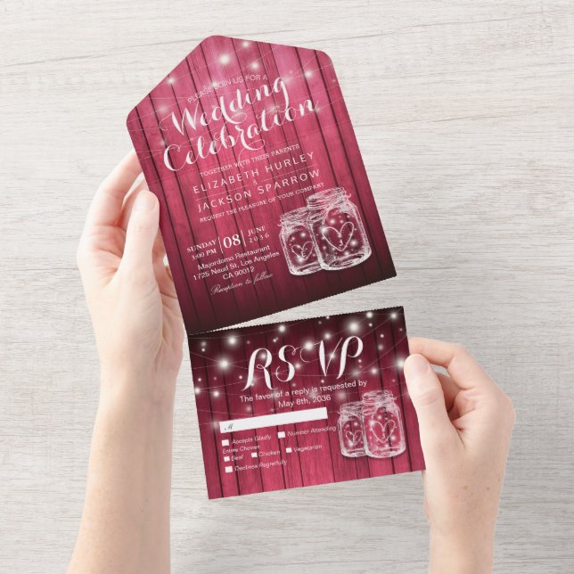 Mason Jars String Lights Rustic Wood Wedding RSVP  All In One Invitation (Tearaway)
