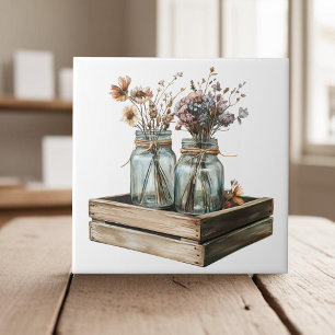 Mason jars, wildflowers in wood crate cottagecore ceramic tile