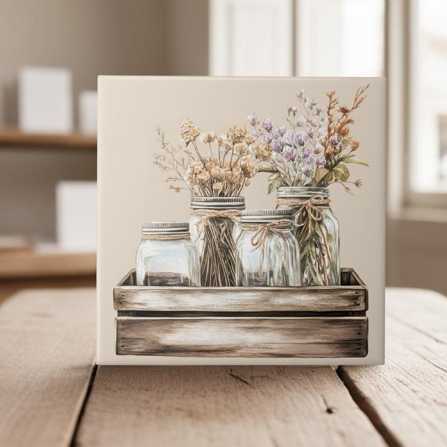 Mason jars, wildflowers in wooden crate farmhouse ceramic tile (Creator Uploaded)