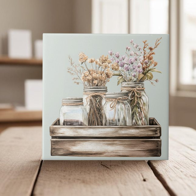 Mason jars, wildflowers in wooden crate farmhouse ceramic tile (Creator Uploaded)