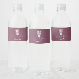 Mason Jars with Flowers Burgundy Water Bottle Label
