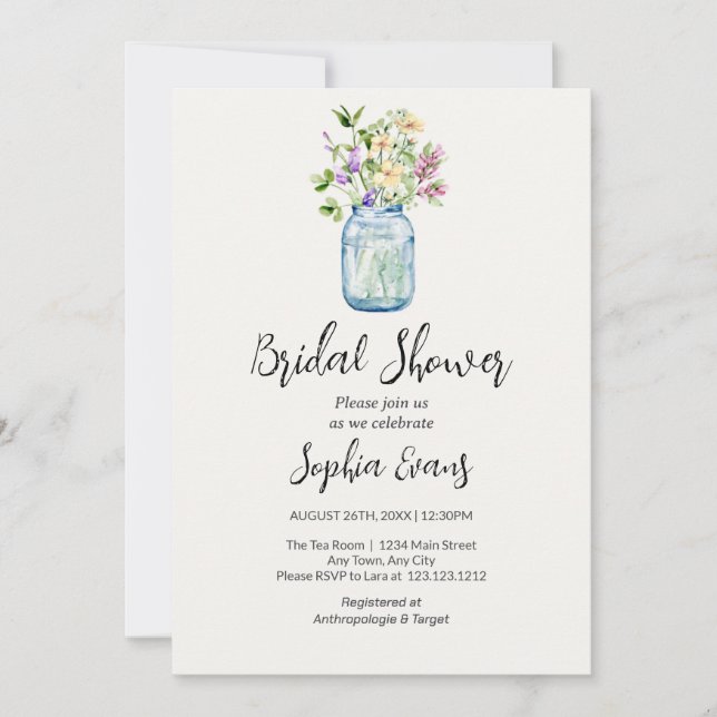 Mason Jars With Flowers Cream Bridal Shower Invitation (Front)