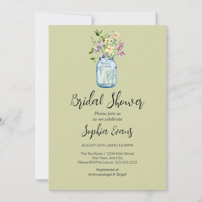 Mason Jars With Flowers Green Bridal Shower Invitation (Front)