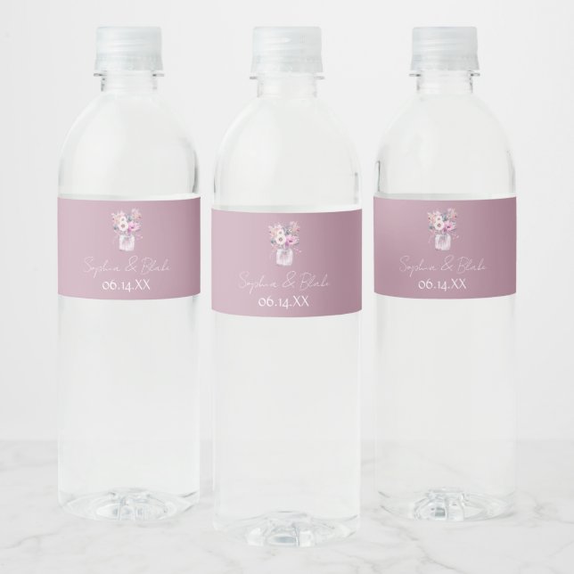 Mason Jars with Flowers Pink Water Bottle Label (Bottles)