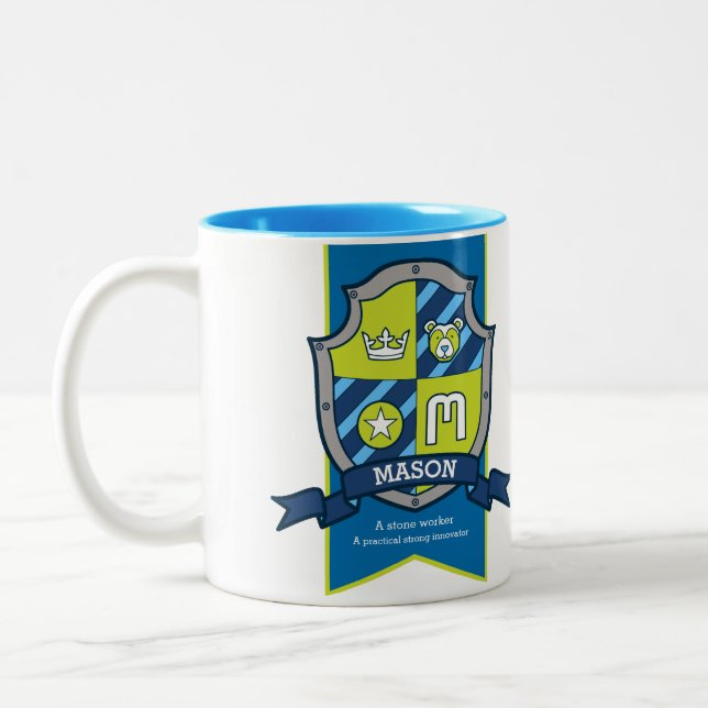 Mason letter M crest blue green bear name meaning Two-Tone Coffee Mug (Left)