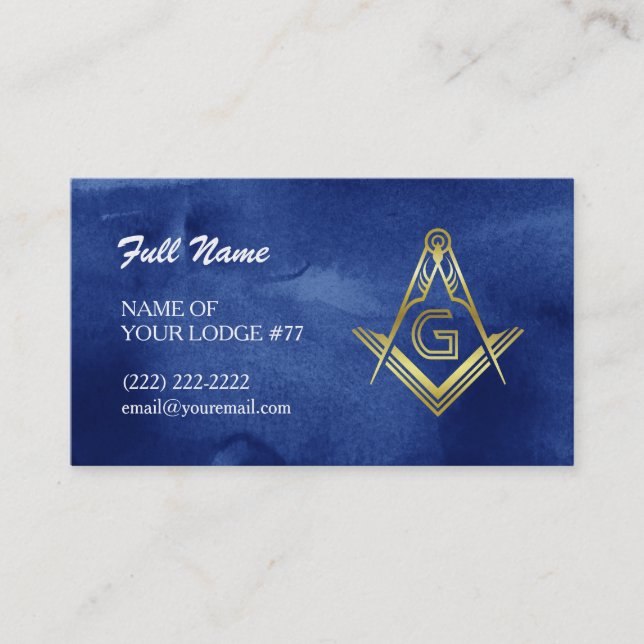 Masonic Business Cards | Blue & Gold Watercolor (Front)