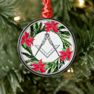 Masonic Freemason Masonry Wreath Poinsettia Metal Ornament