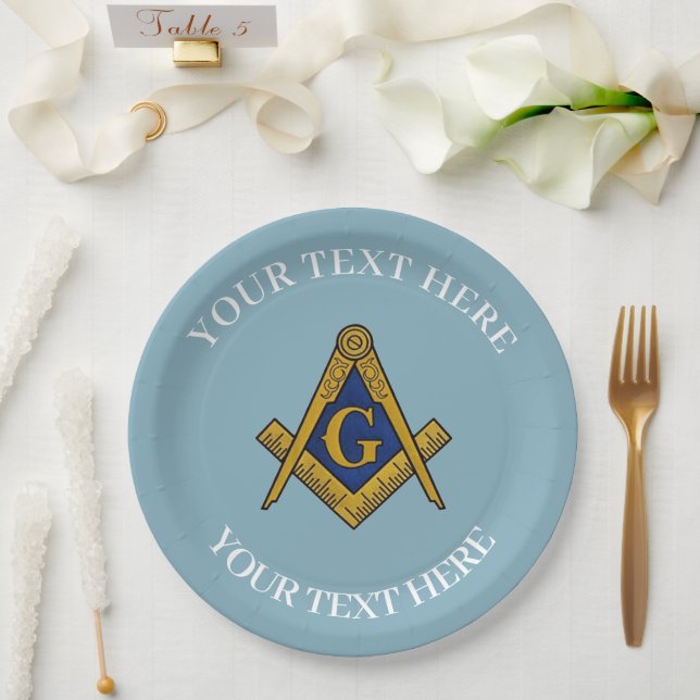 Masonic Freemason Square and Compass Blue  Paper Plate (Wedding)