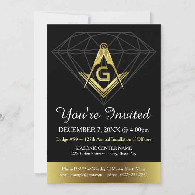 Masonic Invitation | Gold & Black Diamond Template (Front)