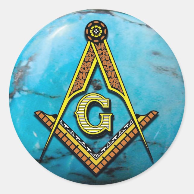 Masonic Square & Compass Turquoise Classic Round Sticker (Front)