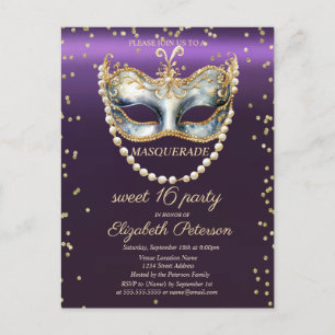 Masqu Pearls  Diamonds Purple Sweet 16  Invitation Postcard