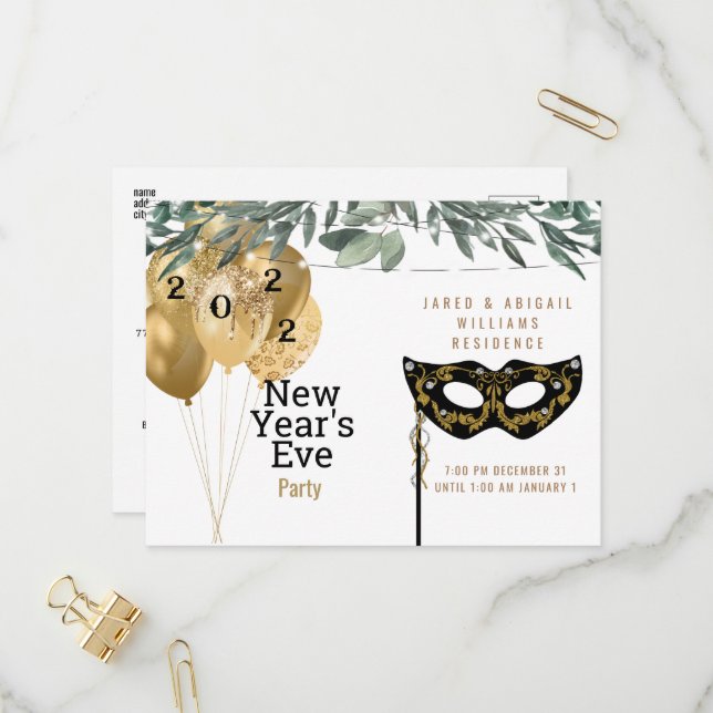 Masque & Balloons 2022 New Year's Eve Party Invitation Postcard (Front/Back In Situ)