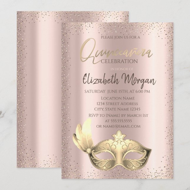 Masque,Confetti Rose Gold Quinceañera Invitation (Front/Back)