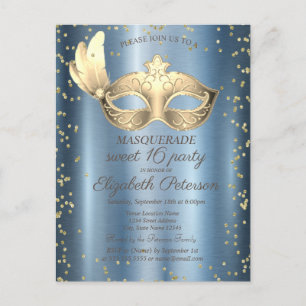 Masque Diamonds Blue Metallalic Sweet 16 Invitation Postcard