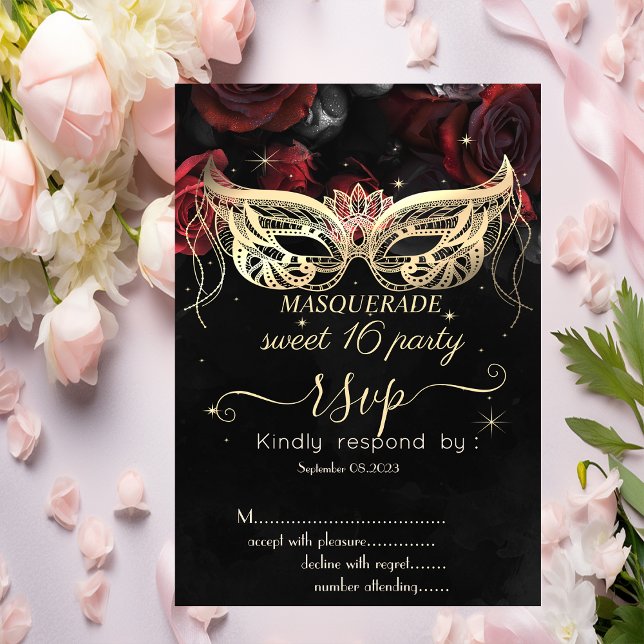 Masque Diamonds Red Roses Gothic Sweet 16 RSVP Invitation (Creator Uploaded)