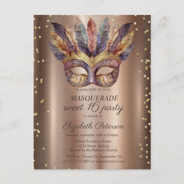 Masque Feathers Gold Diamonds Copper Sweet 16  Invitation Postcard (Front)