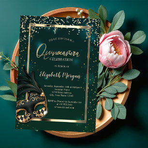 Masque,Frame,Confetti Green Quinceañera  Invitation