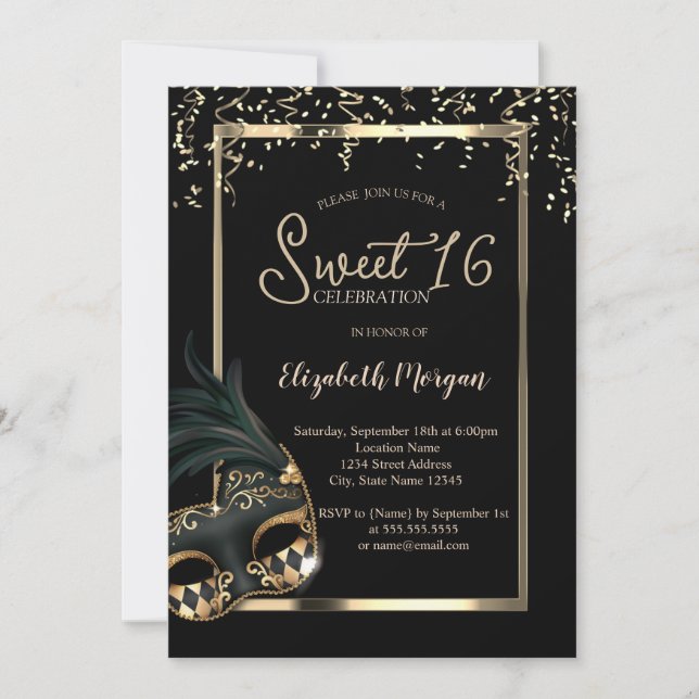 Masque,Frame,Confetti Masquerade Sweet 16 Invitation (Front)