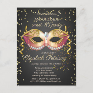 Masque, Gold Diamonds Masquerade Sweet 16 Invitation Postcard