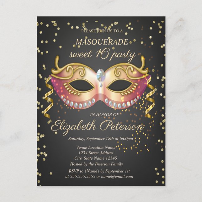 Masque, Gold Diamonds Masquerade Sweet 16 Invitation Postcard (Front)