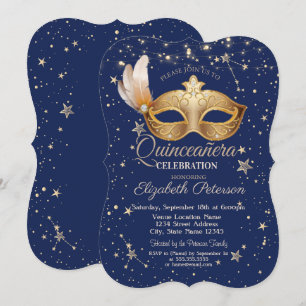 Masque Navy Blue Stars  Quinceañera Invitation