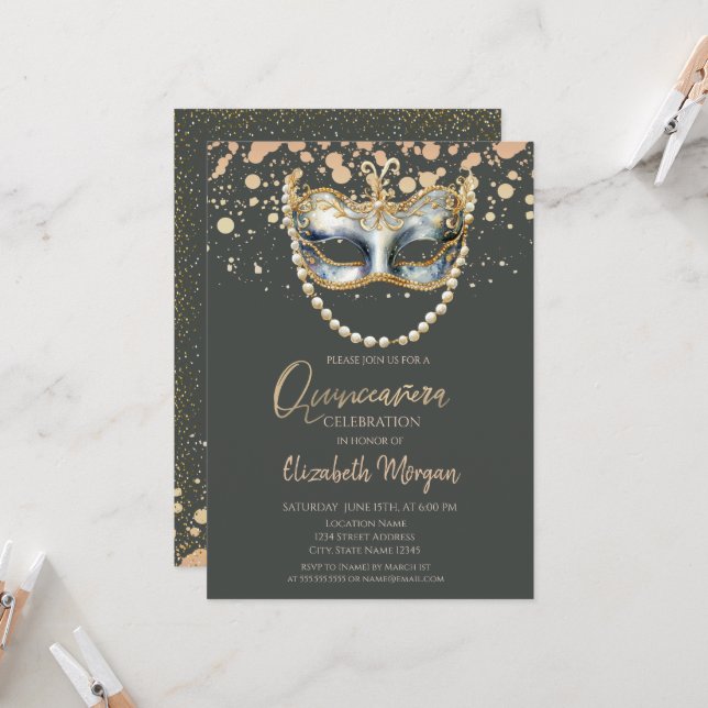 Masque Pearls,Confetti Masquerade Quinceañera Invitation (Front/Back In Situ)