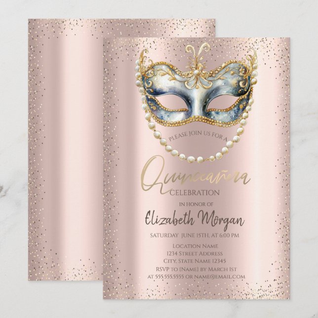  Masque,Pearls Confetti Rose Gold Quinceañera Invitation (Front/Back)