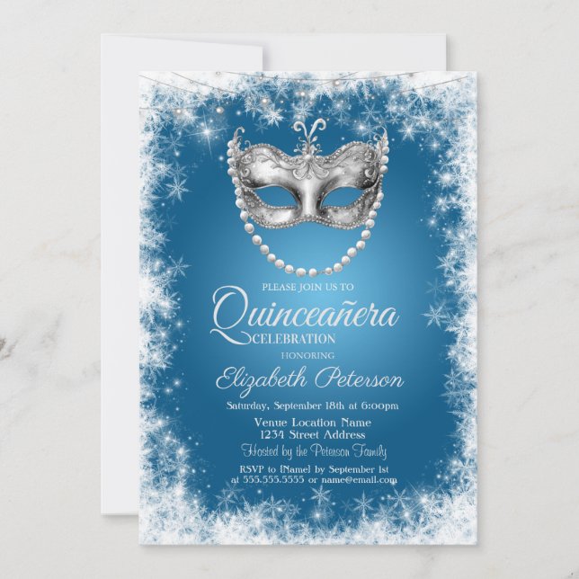 Masque,Snowflakes,Blue Quinceañera Invitation (Front)