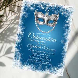 Masque,Snowflakes,Blue Quinceañera Invitation